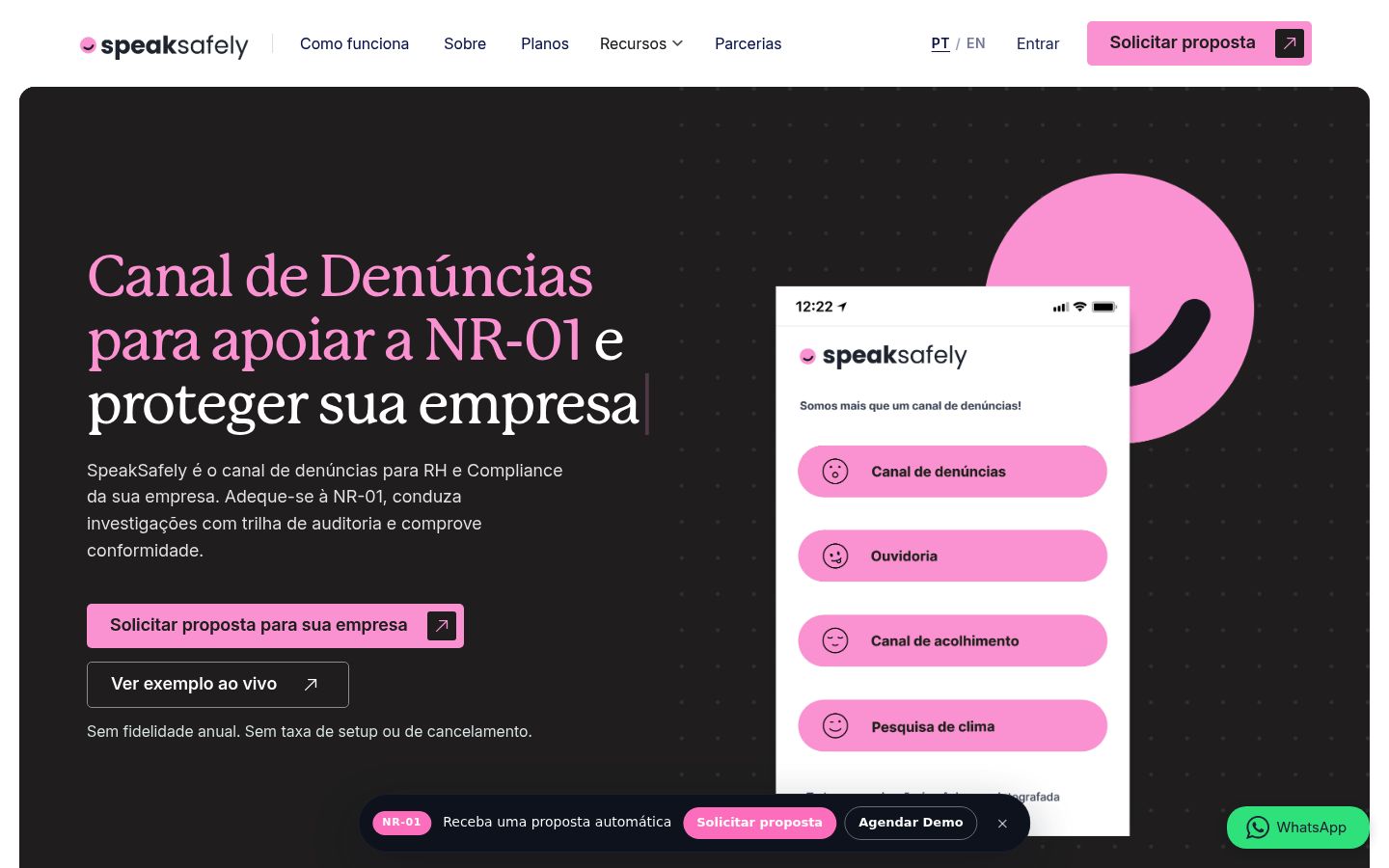 Página inicial da SpeakSafely — plataforma de canal de denúncias anônimas