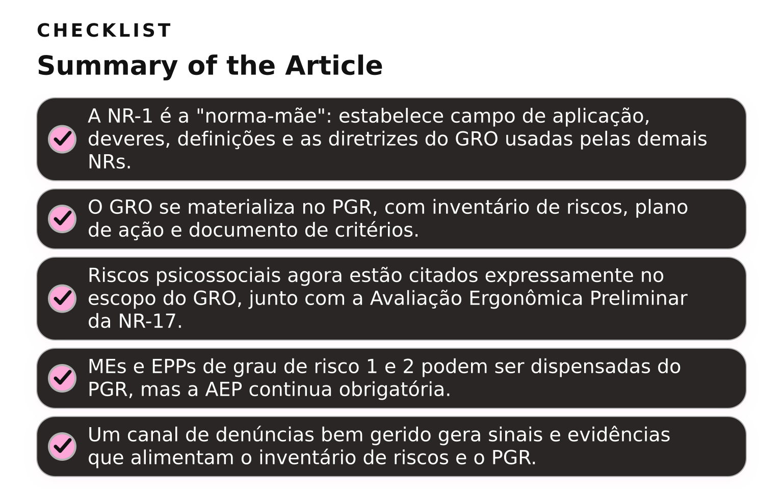 Checklist: resumo da NR-1 2026 — GRO, PGR e riscos psicossociais