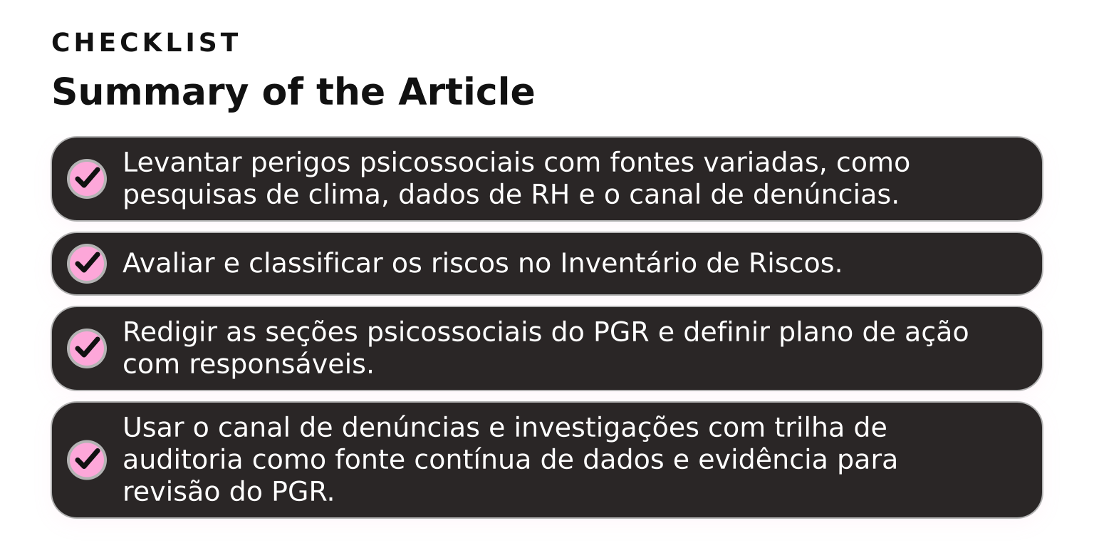 Checklist: resumo — riscos psicossociais no PGR em 7 passos