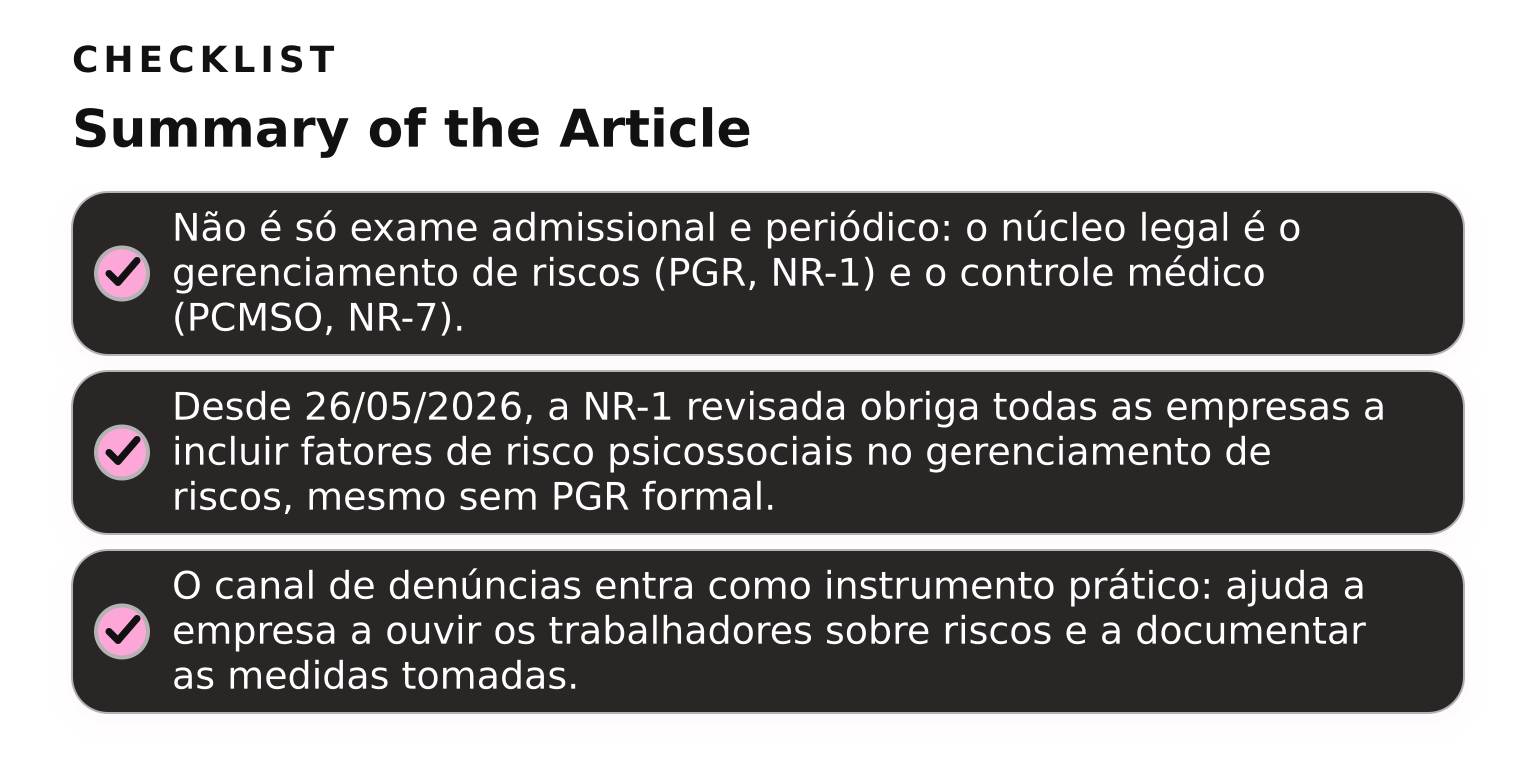 Checklist: resumo sobre saúde ocupacional, PGR e riscos psicossociais